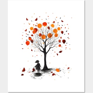 Girl Under Tree With Autumn Leaves  Confetti Posters and Art